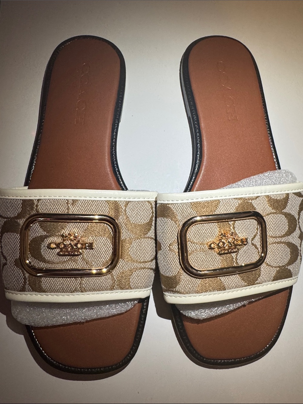 Coach Beige Signature Jacquard Slide Sandals with Gold Plaque